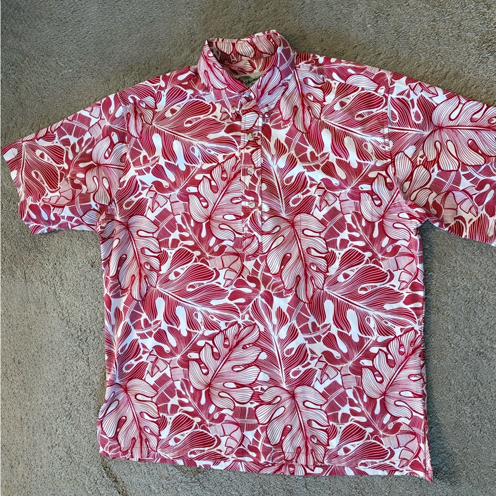 Hilo Hattie Red Leaf Print Men's Hawaiian Popover Shirt Size M 100% Cotton